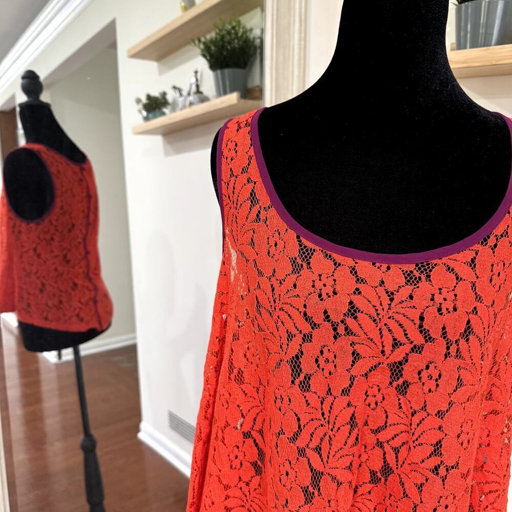 Burnt Orange Sheer Lace Tank Top with Purple Piping Women's Size Medium - Picture 2 of 5